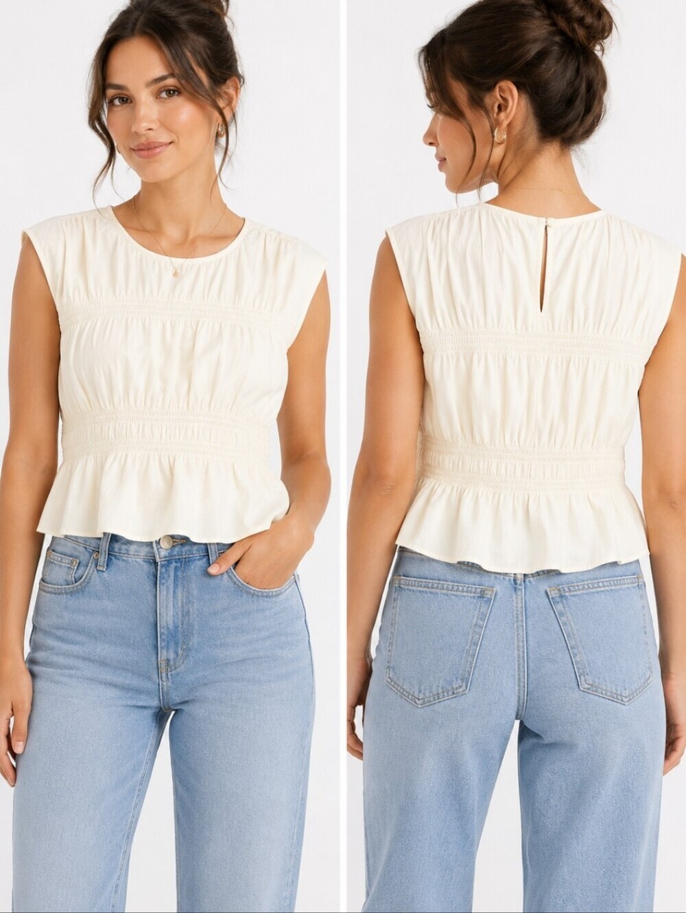 H&M Cream Smocked Peplum Blouse Sleeveless Textured Cottagecore Top Medium